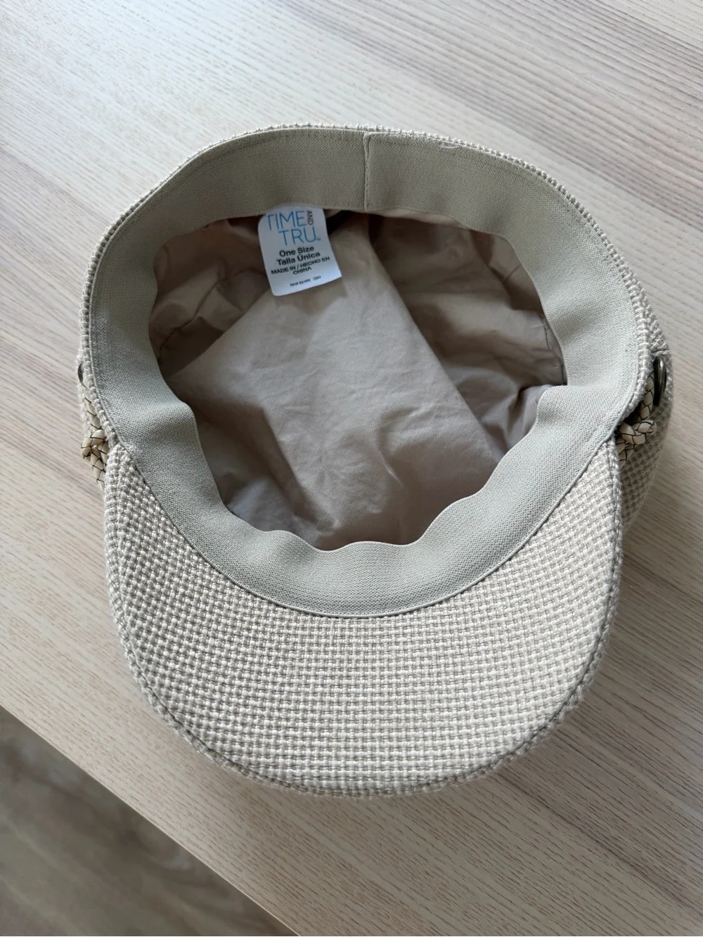 Beige Textured Cap with Braided Trim